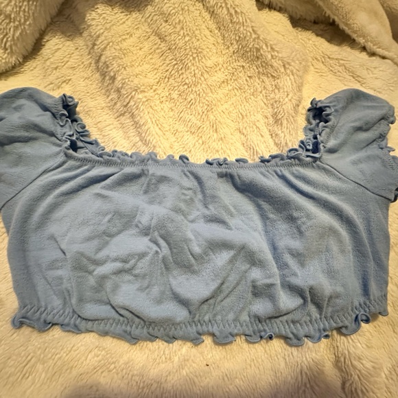 Blue Ruffled Off-Shoulder Top - Picture 3 of 4